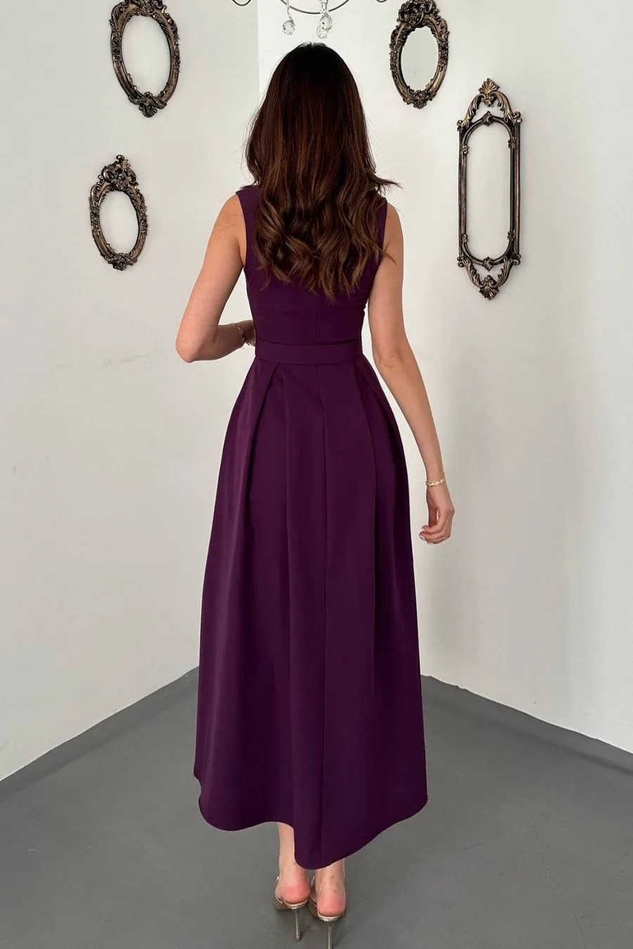 Mürdüm Halter Yaka Kloş Elbise