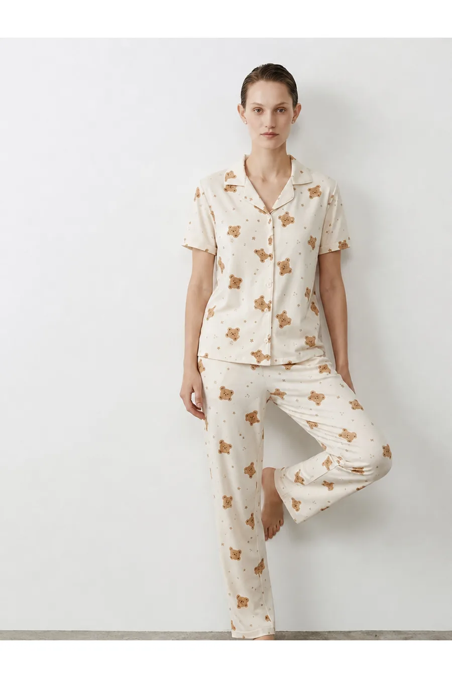 Regular V Yaka Günlük Kırık Beyaz Pijama Takımı