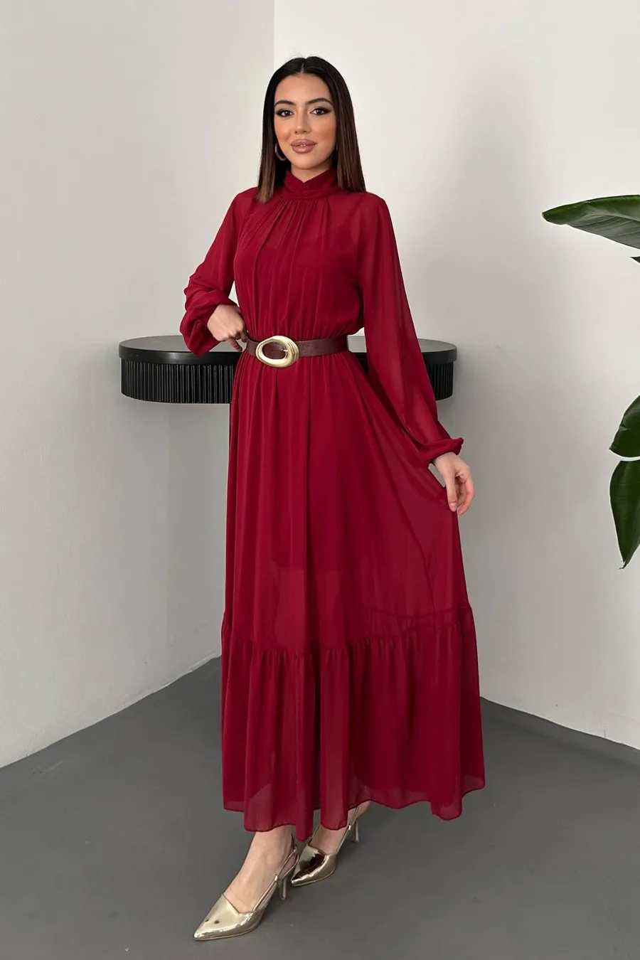 Bordo Eteği Fırfırlı Şifon Elbise