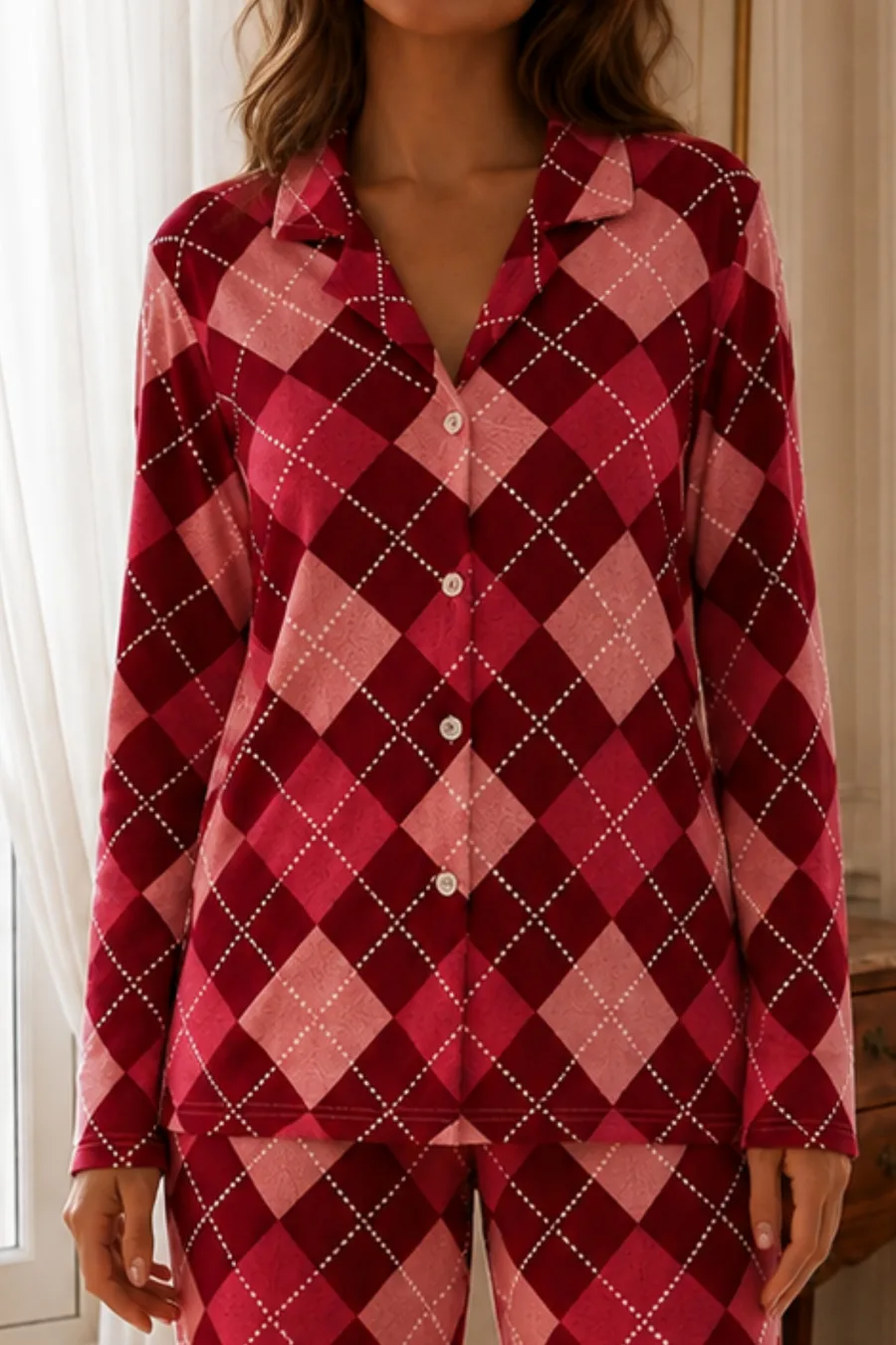 Kadın Relax Fit Düğme Kırmızı Pijama Takımı