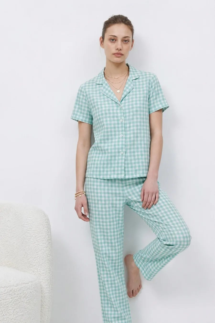 V Yaka Kapama Lastik Bel Su Yeşili Pijama Takımı