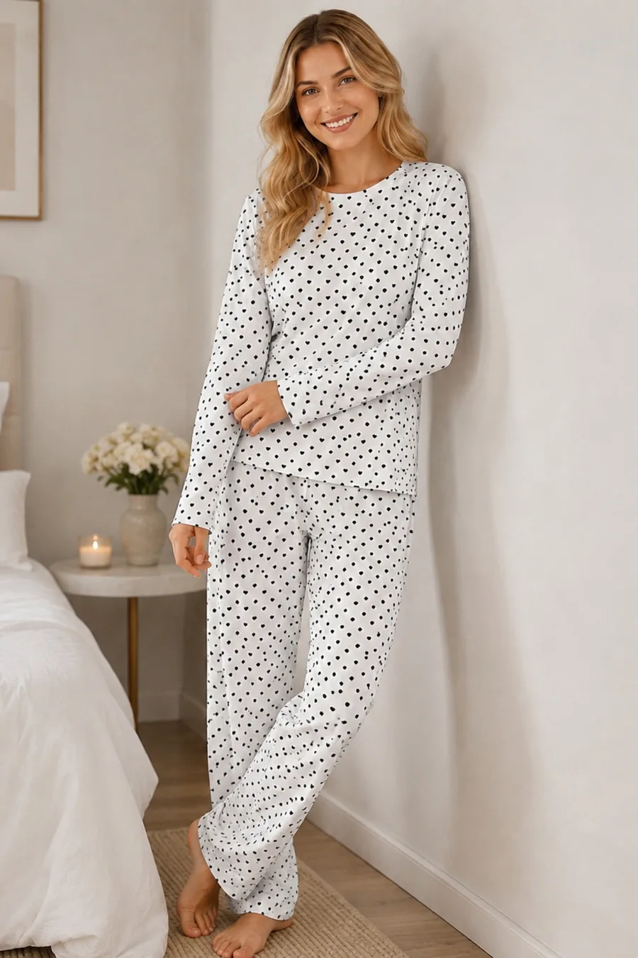 Kadın Kalpli Uzun Kol Rahat Pijama Takımı 4673 Beyaz