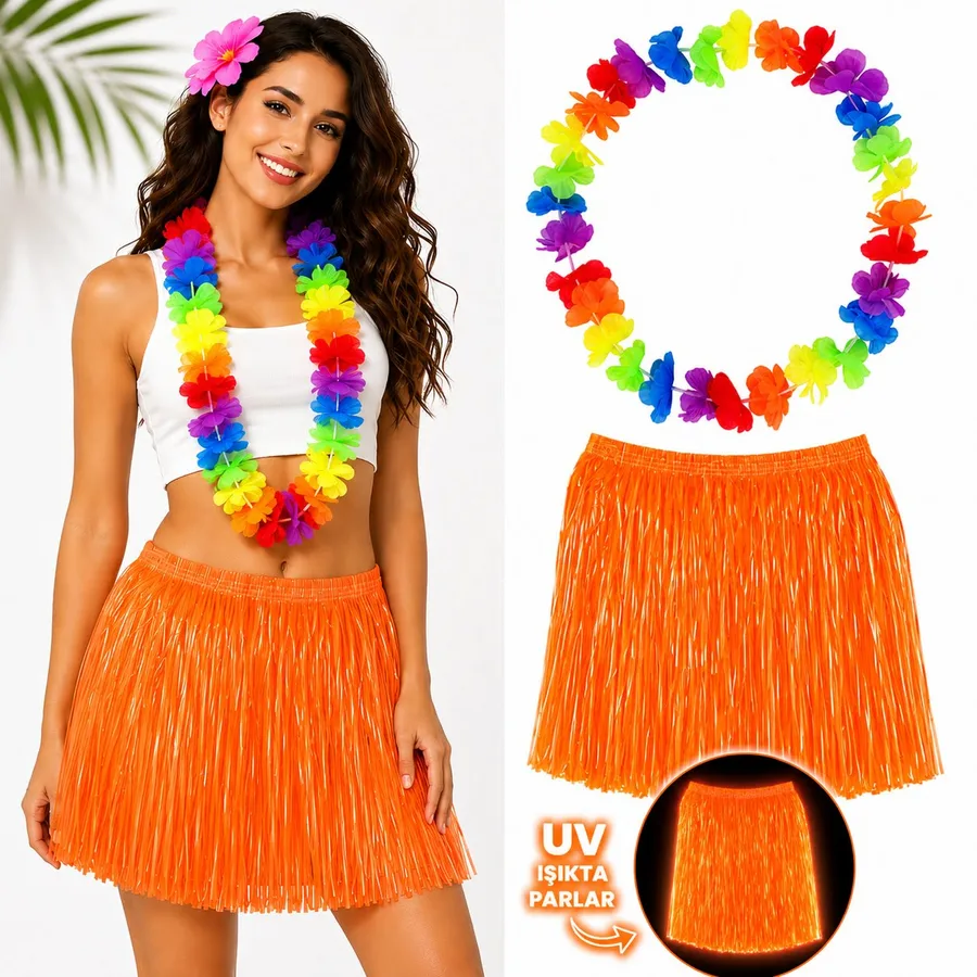 Neon Tcu Hawaii Etek 40 cm ve Rengarenk Hawaii Kolye