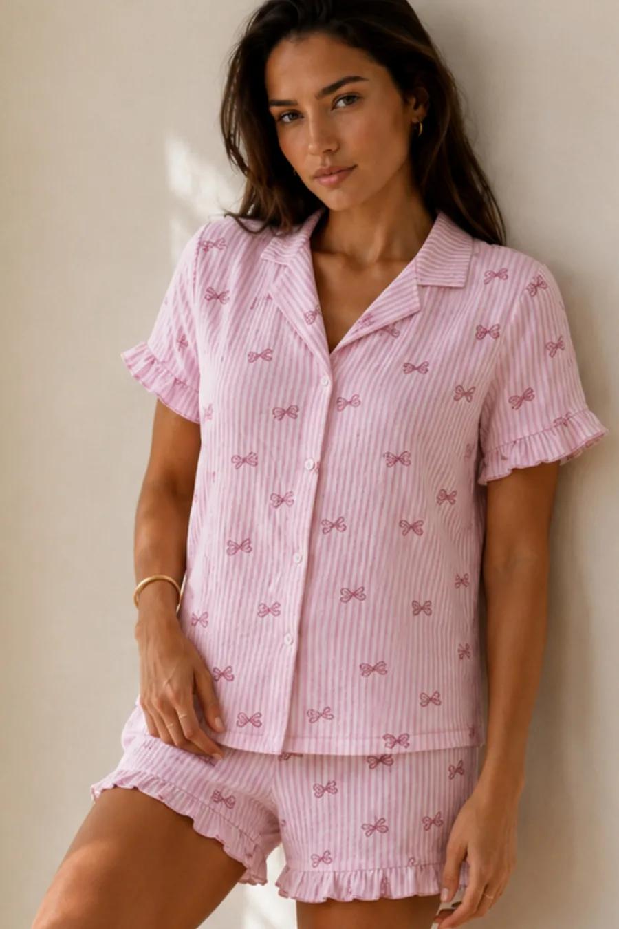 Kadın Düz Pamuk Homewear Pembe Pijama Takımı