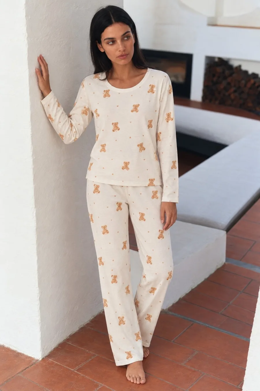 Kadın Şık Esnek Ekru Pijama Takımı