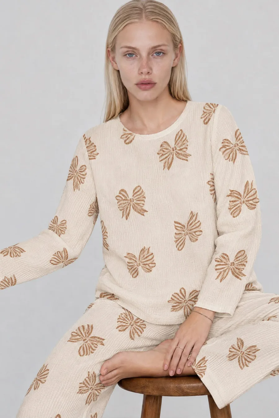 3'Lü Kadın Desenli Uzun Kollu Pijama Takımı Krem