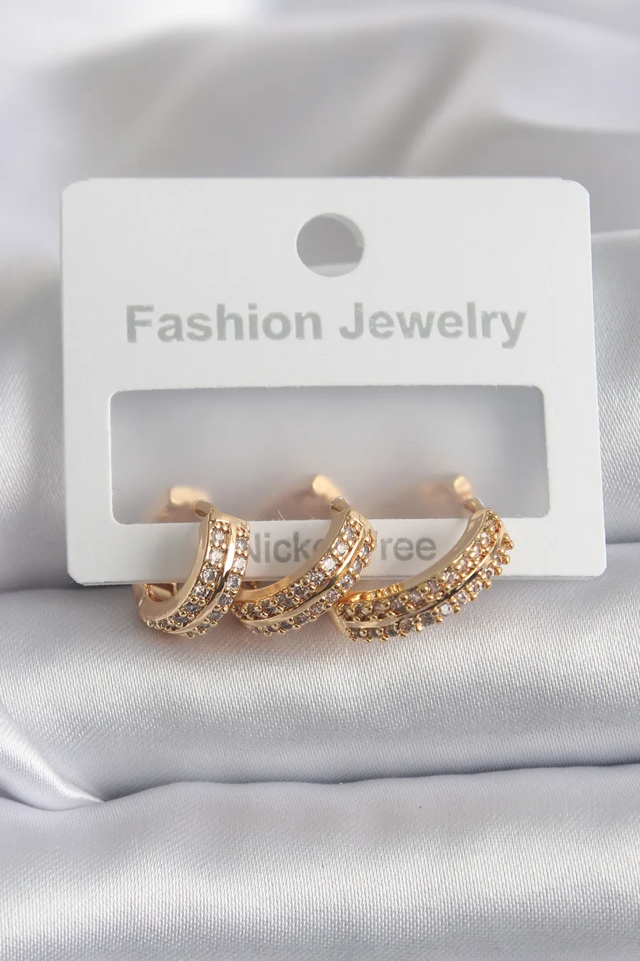 Brass Gold Color Zircon Stone Detail Hoop Model Women's Earrings