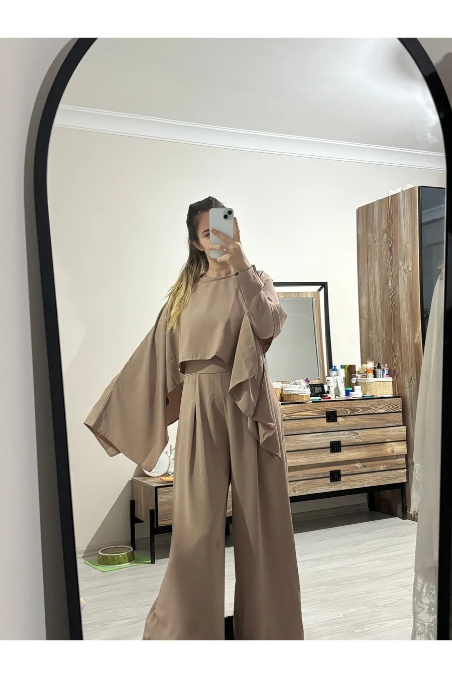 Cool Krep Kumaş İkili Pelerinli Tulum - Ekru