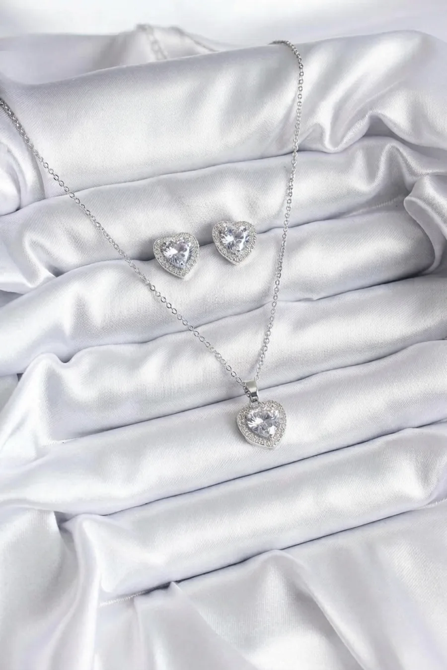 316L Steel Chain Silver Color Zircon Stone Heart Model Women's Necklace Earring Set