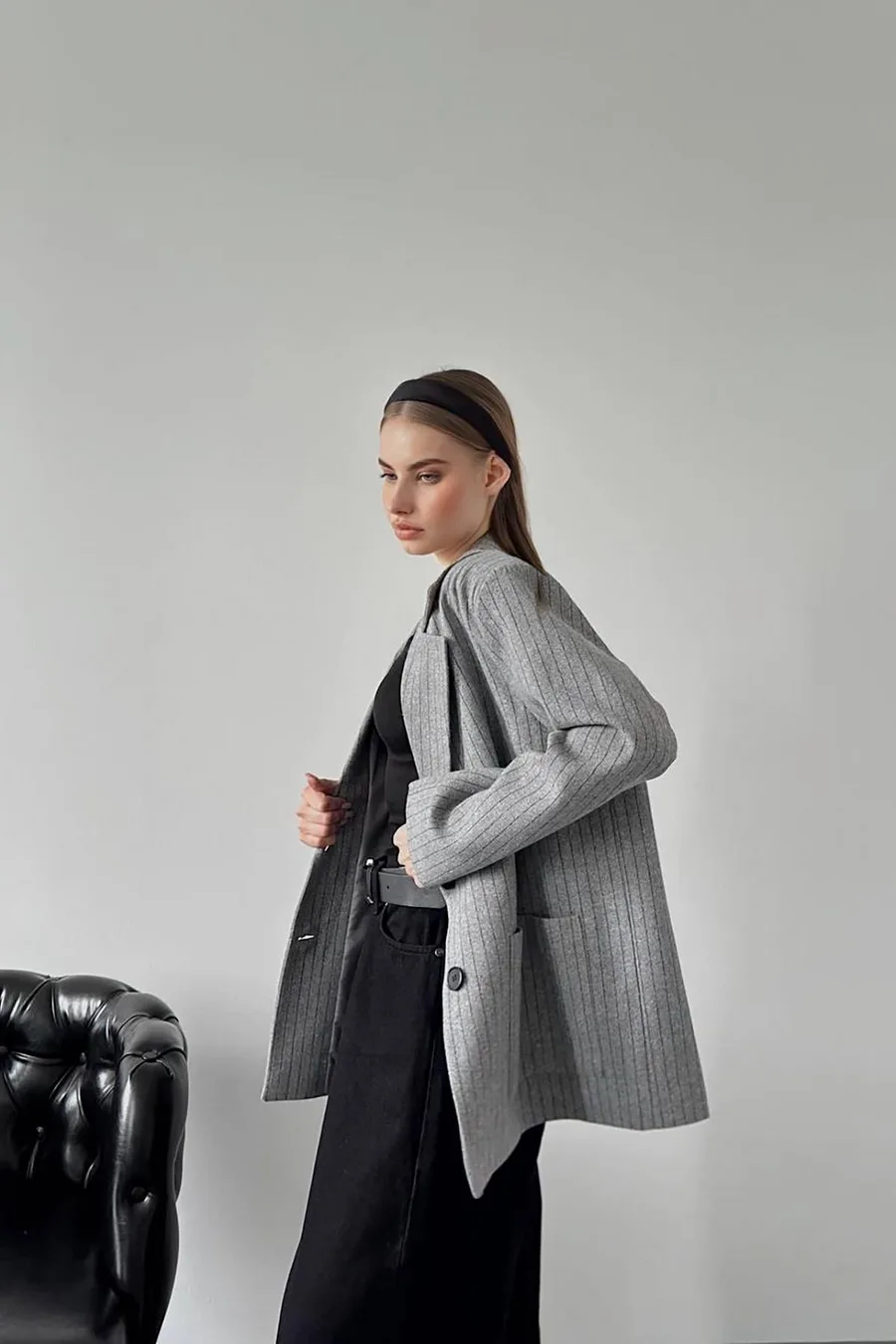 Gri Çizgili Oversize Ceket