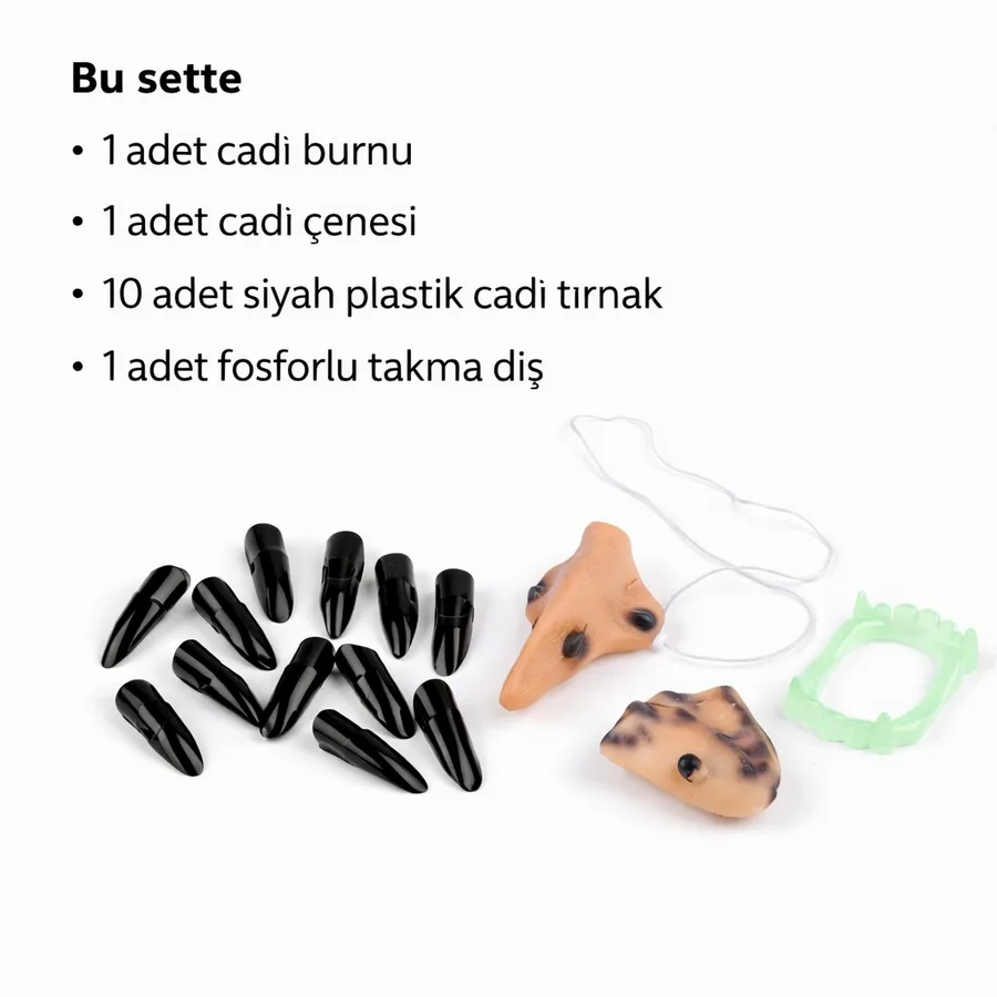 Cadı Aksesuar Seti – B, Çene, Fosforlu Diş ve 10 Adet Siyah Tırnak