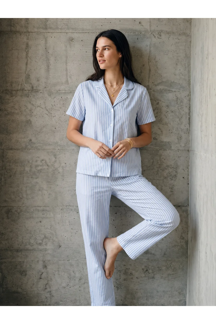 V Yaka Düğmeli Casual Mavi Pijama Takımı