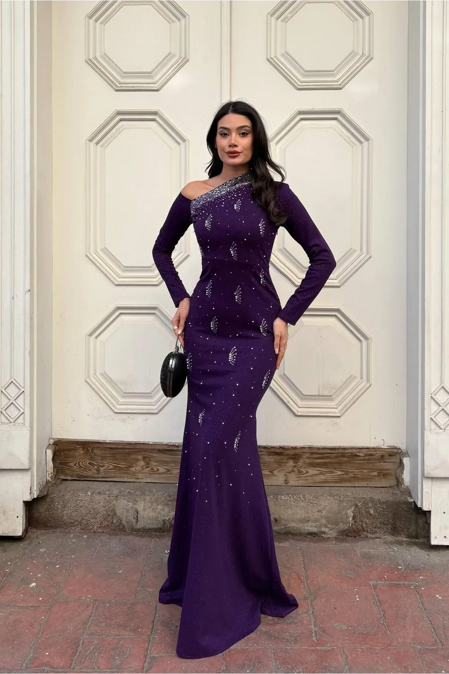 Krep Omuz Abiye Kumaş Elbise Tek