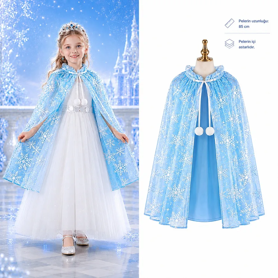 Kar Tanesi Desenli Mi Elsa Pelerini - Astarlı Frozen Pelerini 85 cm