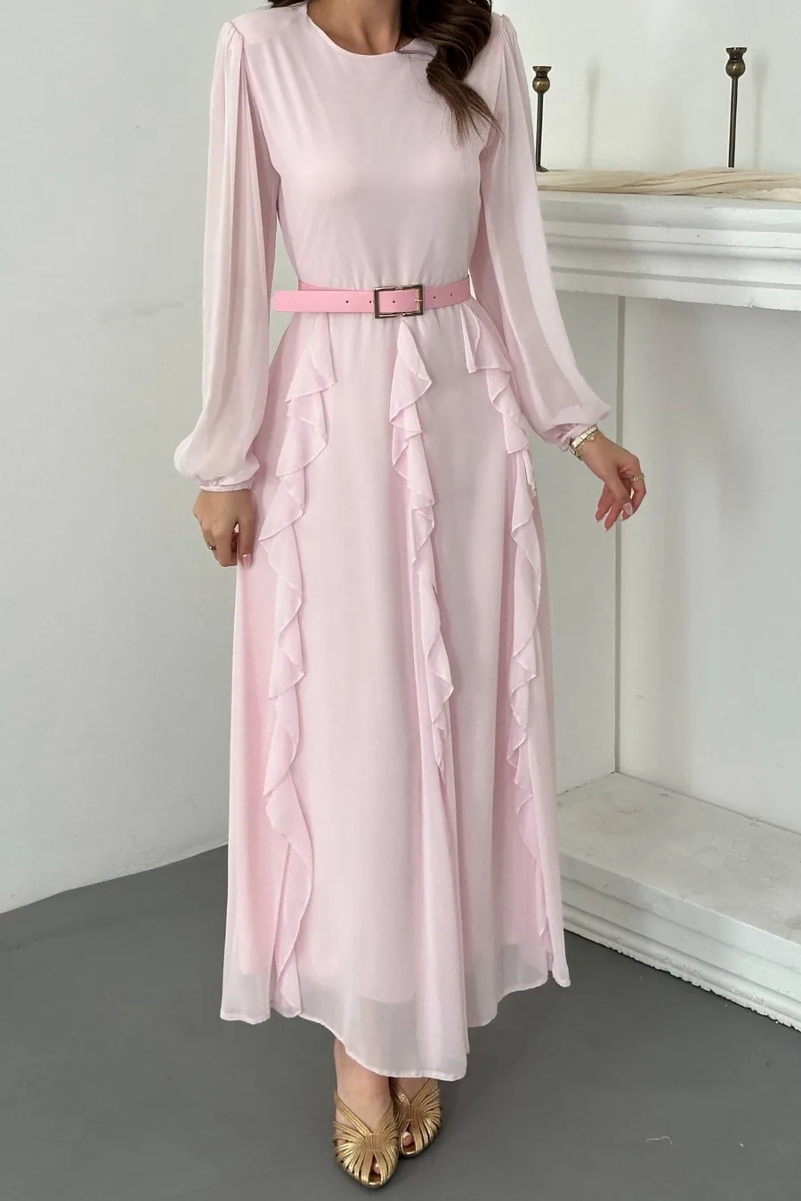 Pembe Kemerli Şifon Elbise