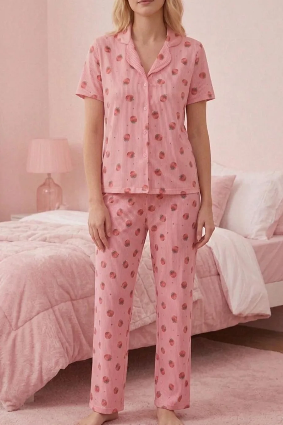 Çilek Desenli Düğmeli Kısa Kollu Pijama Takımı 4588 PEMBE