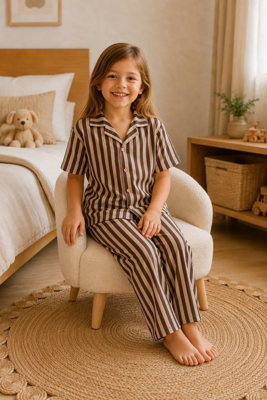 Kız Çocuk Çizgili Gecelik Kahve Pijama Takımı