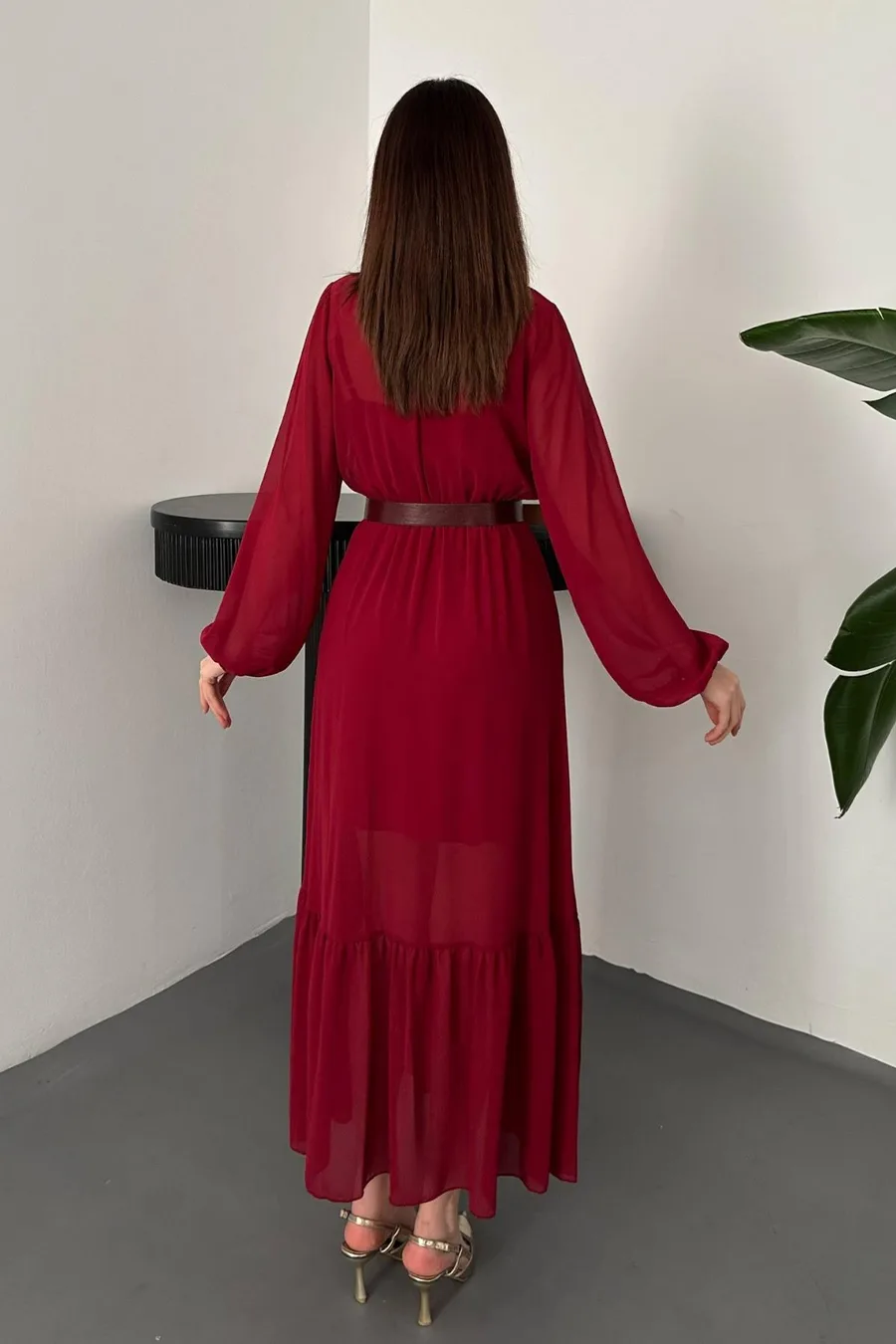 Bordo Eteği Fırfırlı Şifon Elbise