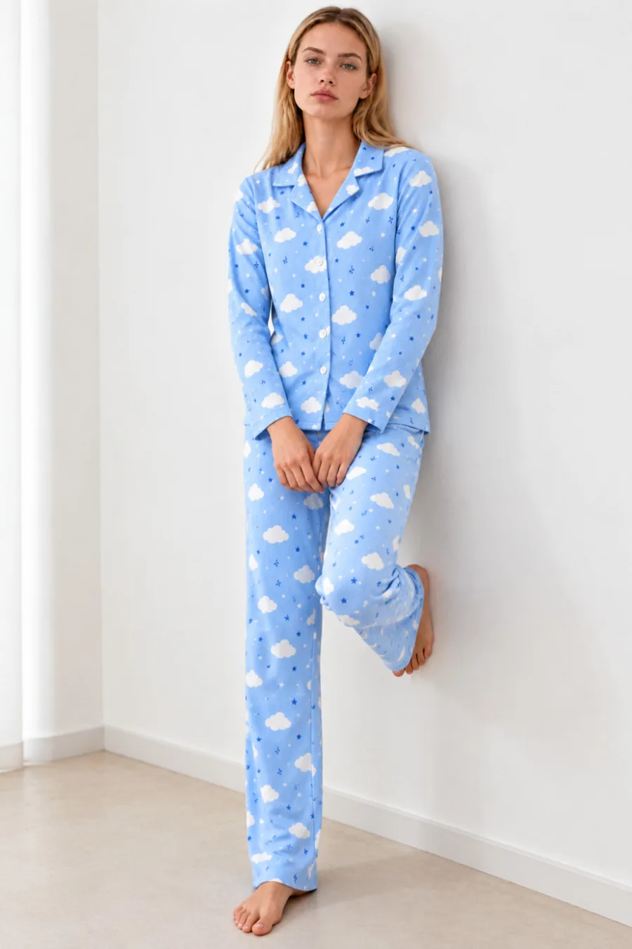 Kadın Desenli Gömlek Yaka Mavi Pijama Takımı 4831