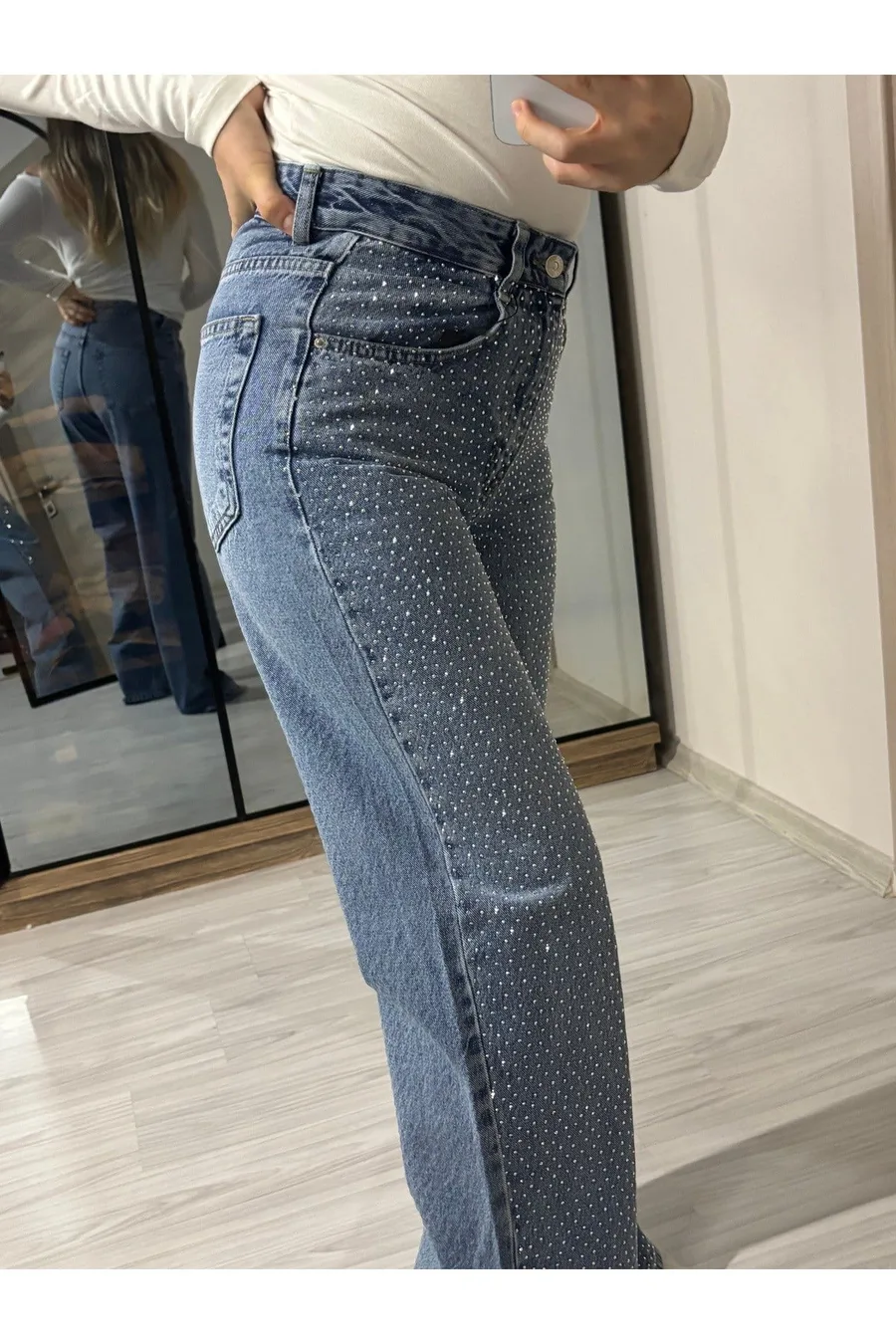Ön Full Taşlı Wide Leg Koyu Kar Yıkama Pantolon - Mavi