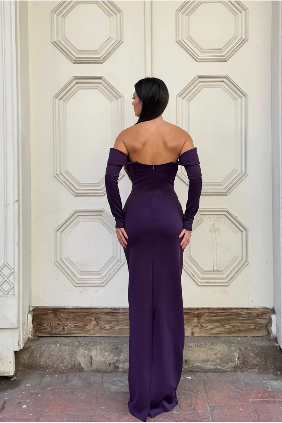 Dik Kollu Payetli Abiye Maxi Uzun Yaka Elbise