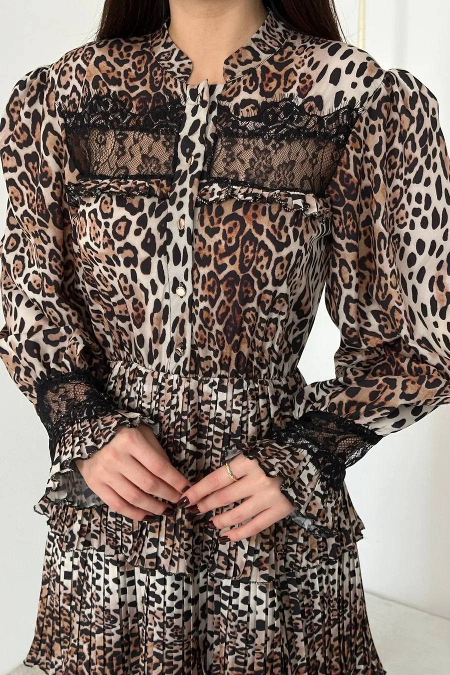 Leopar Pilise Detaylı Lastikli Elbise
