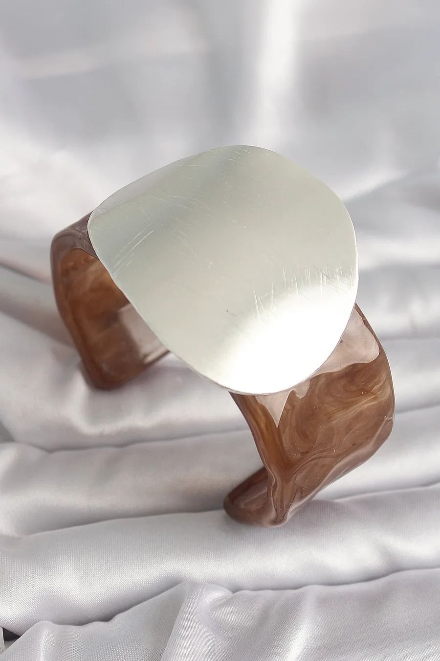 Brown Marble Pattern Acrylic Plastic Silver Plate Model Vintage Women Bracelet