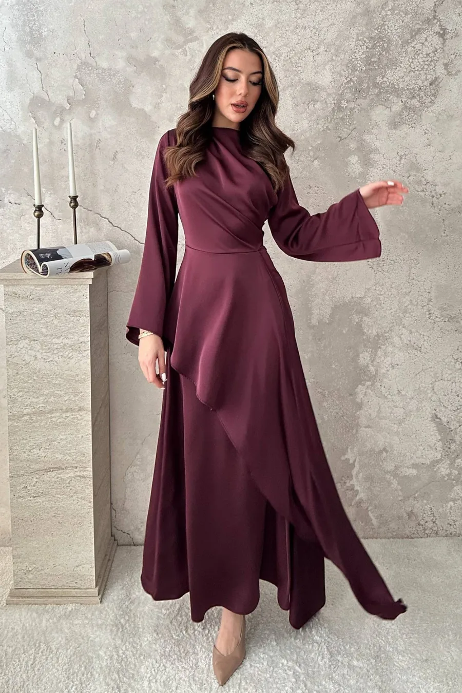 Bordo Yandan Bağlamalı Saten Elbise