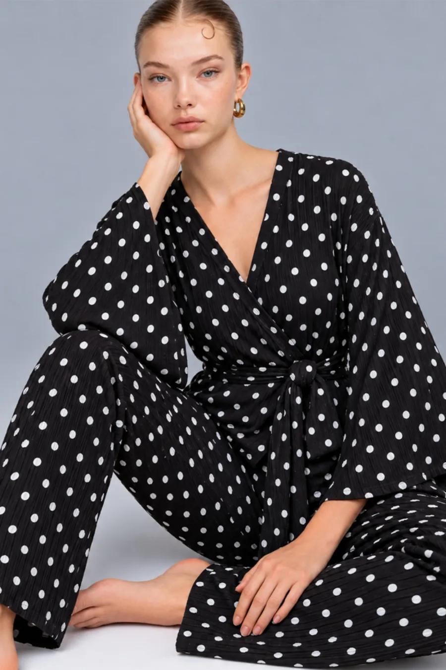Kadın Kruvaze Kuşaklı Siyah İkili Pijama Takımı 4803
