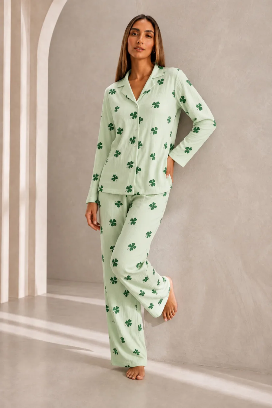 Kadın Önden Düğmeli Uzun Kollu Alt Üst Yeşil Pijama Takımı