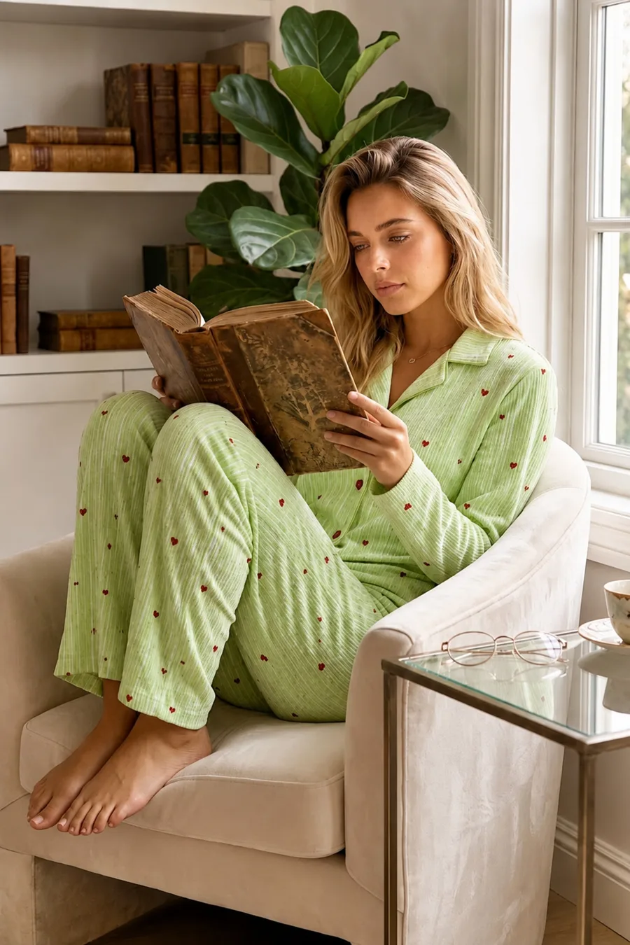 Kadın Puantiyeli Uzun Kollu Düğmeli Yeşil Pijama Takımı