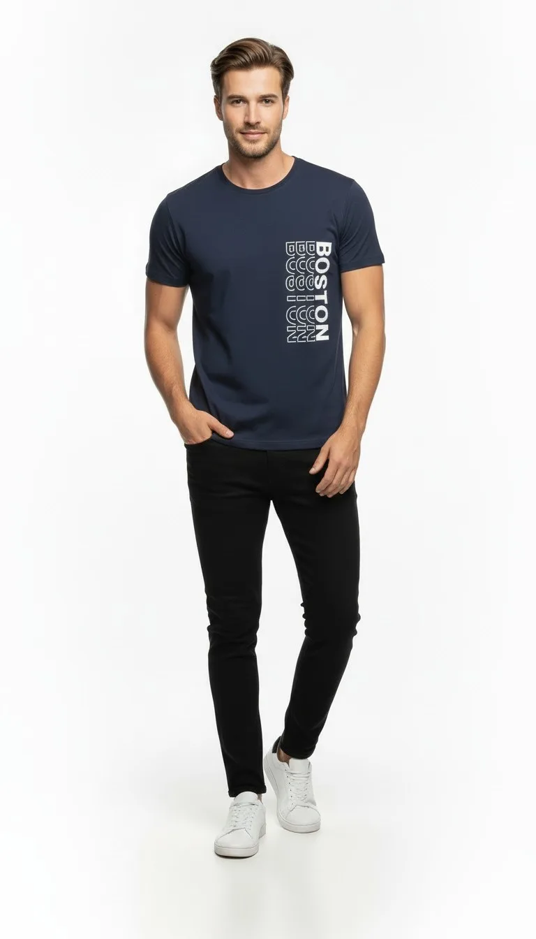 Urban Boston Dikey Baskı Erkek Tişört – Slim Fit, Sokak Stili Günlük T-Shirt - Lacivert