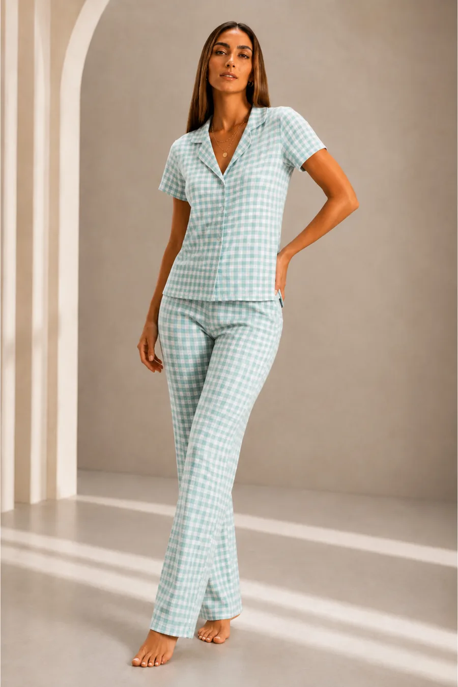 Kadın Kısa Kol Rahat Kalıp Şık Su Yeşili Pijama Takımı