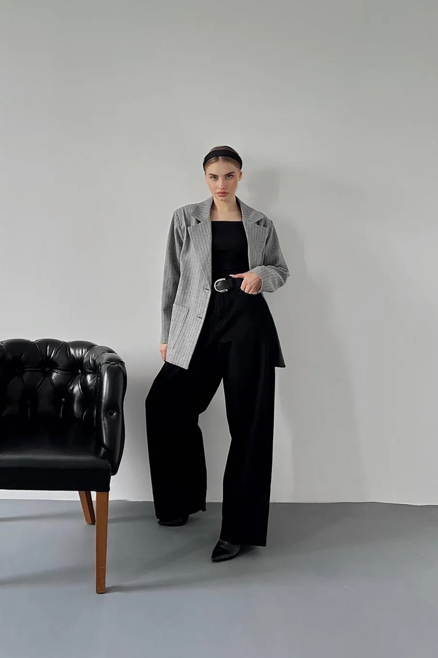Gri Çizgili Oversize Ceket