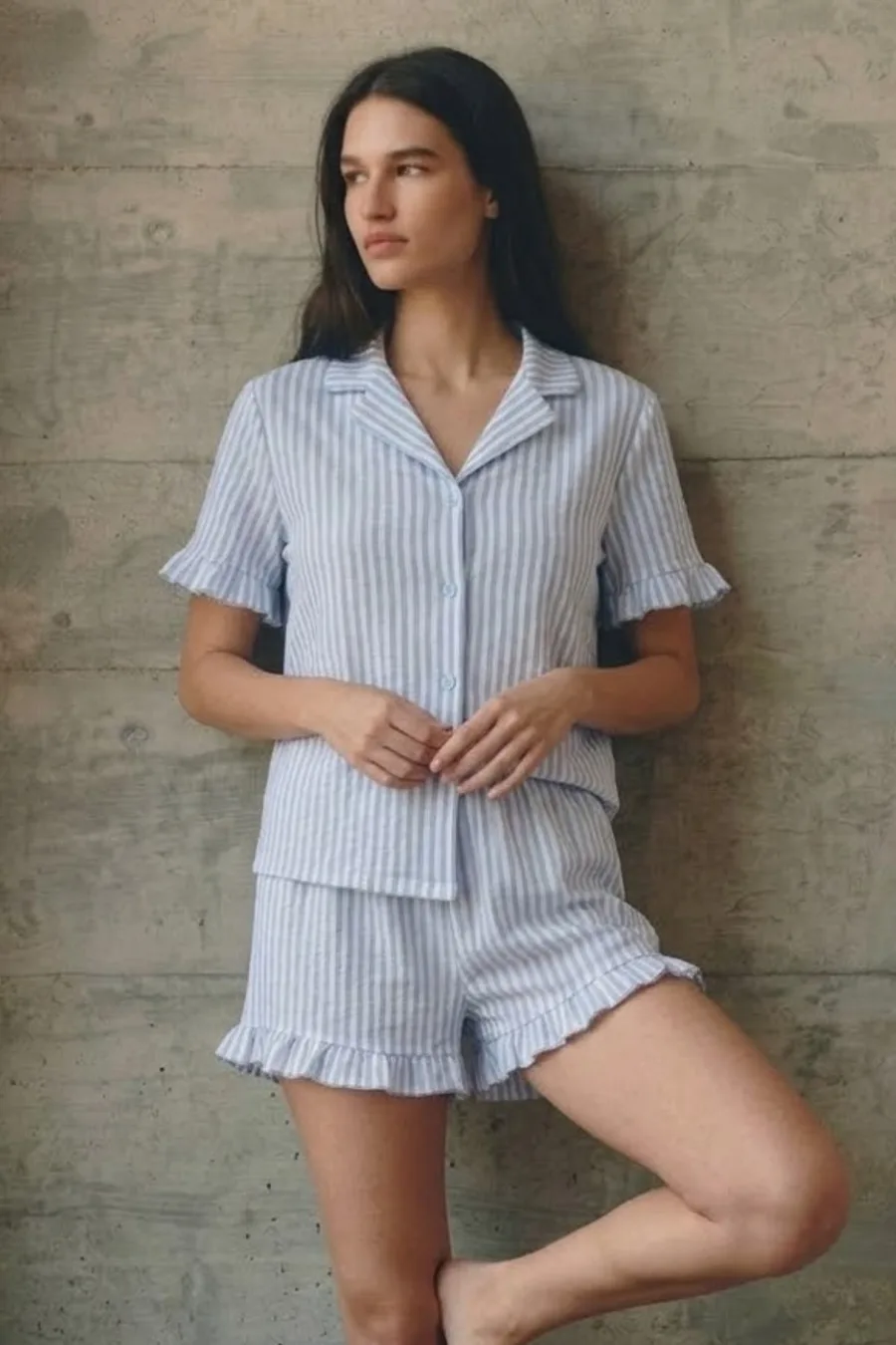 Kadın V Yaka Comfort Fit Mavi Pijama Takımı
