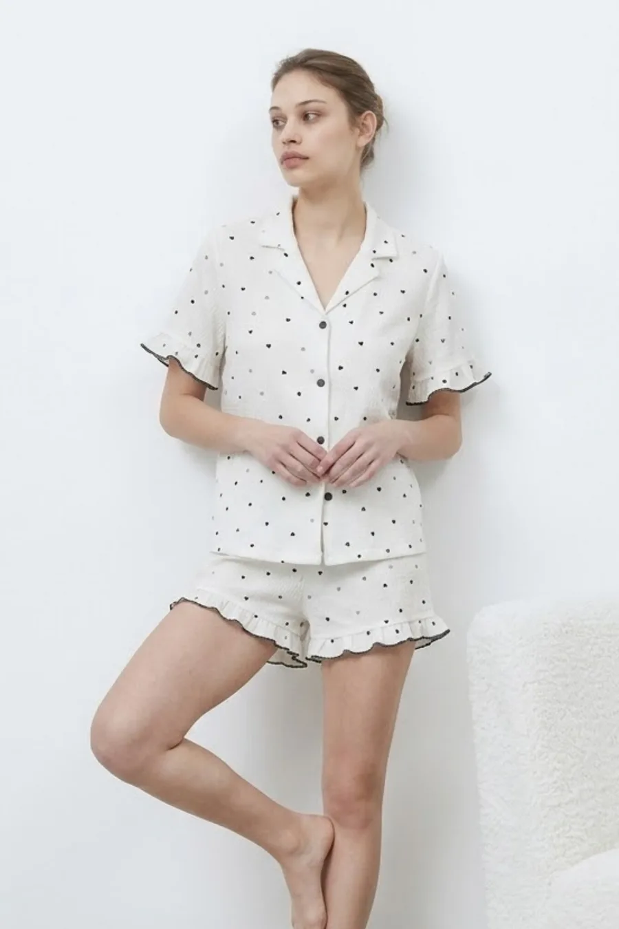 Kadın Premium Fırfırlı Beyaz Pijama Takımı