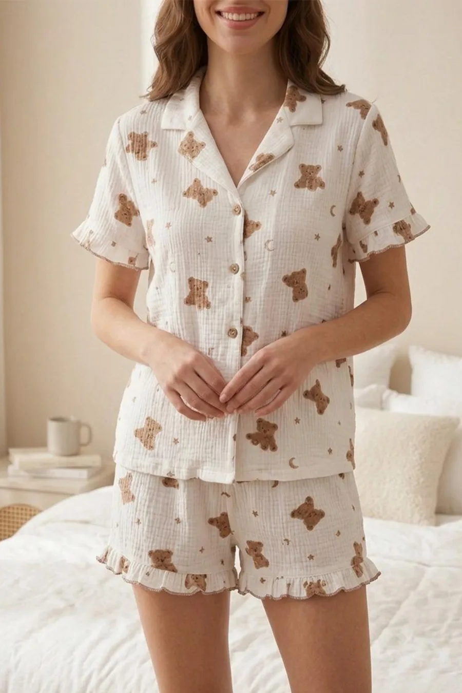 Ayıcık Desenli Fırfır Detaylı Şortlu Pijama Takımı 8073 Kar beyaz