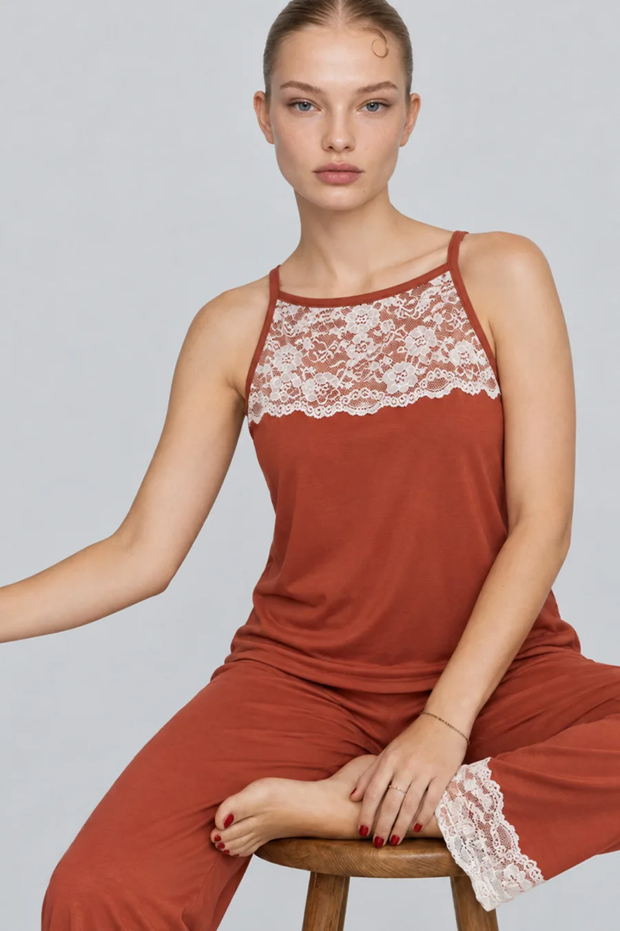 Kadın Dantelli Relaxed Kırmızı Pijama Takımı 4743