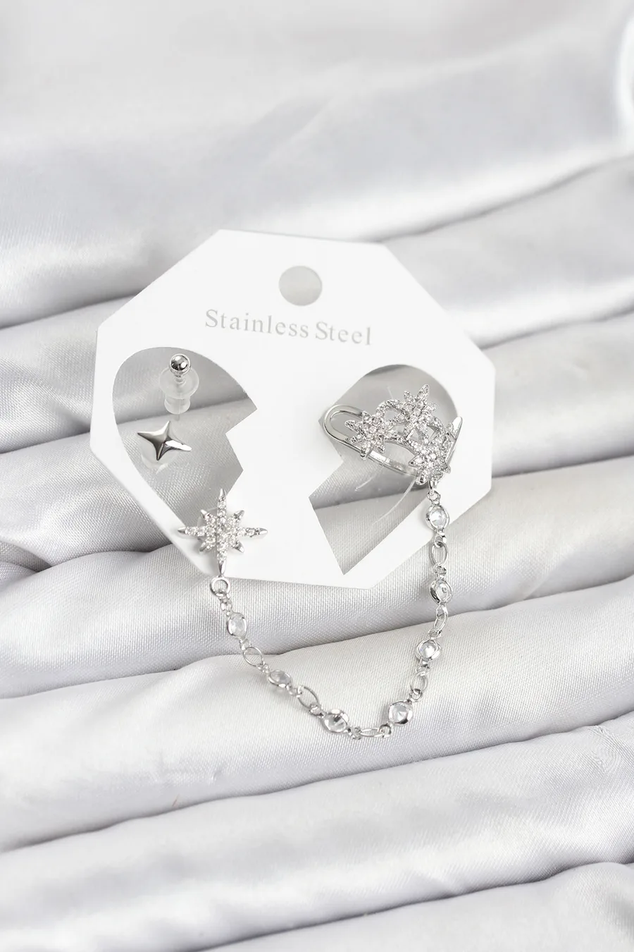Kutup Yıldızı Model Pirinç Gümüş Renk Zincir Bağlantılı Ear Cuff Küpe Seti