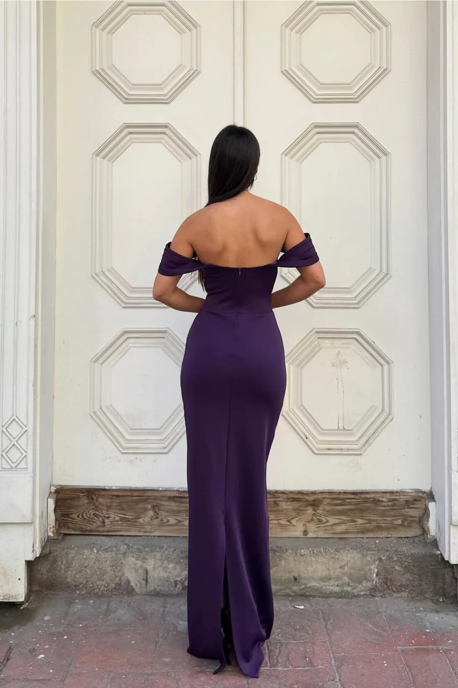 Dik Kollu Payetli Abiye Maxi Uzun Yaka Elbise