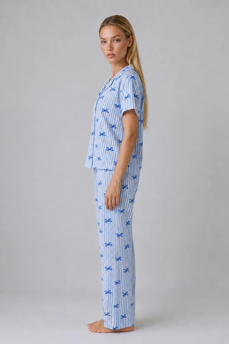 Mavi Kurdele Desenli Çizgili Bürümcük Pijama Takımı 4645-Mavi
