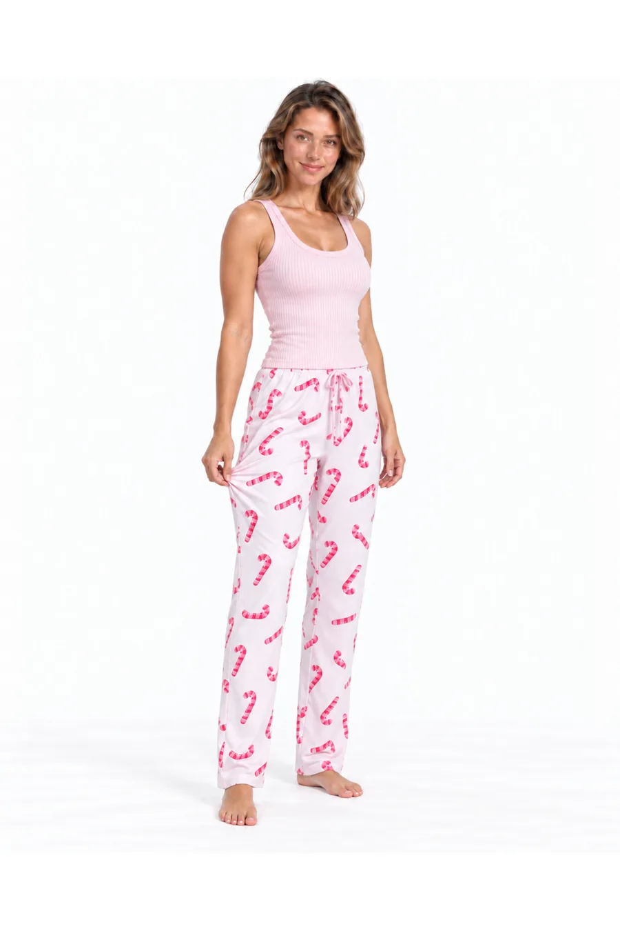 Kadın Çizgili Bluz Desenli Askılı Pembe Pijama Takımı