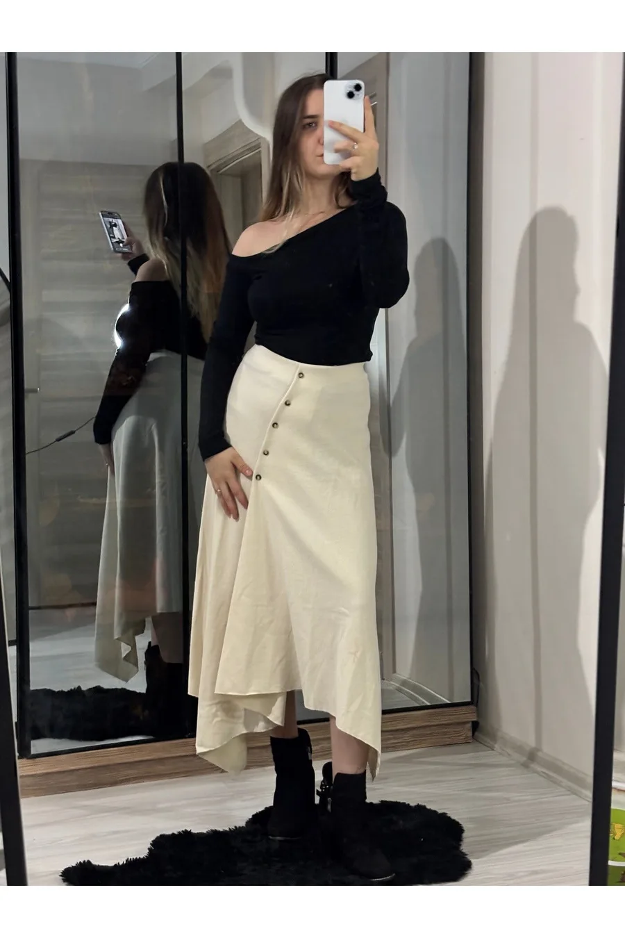 ZR Model Selanik Önü Düğmeli Uzun Etek - Ekru