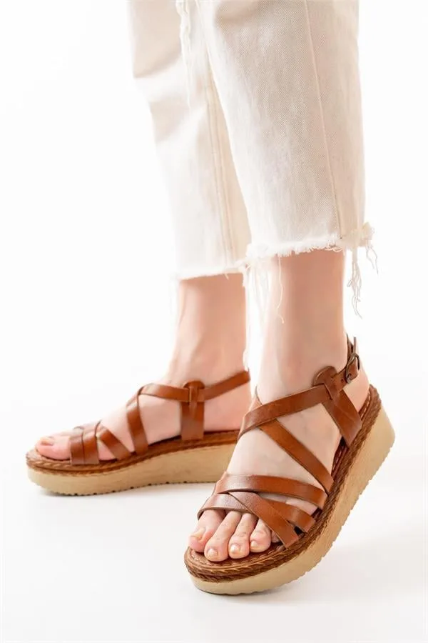 Kadın Hakiki Şehir Ortopedik Sandalet Dolgu Deri Açık