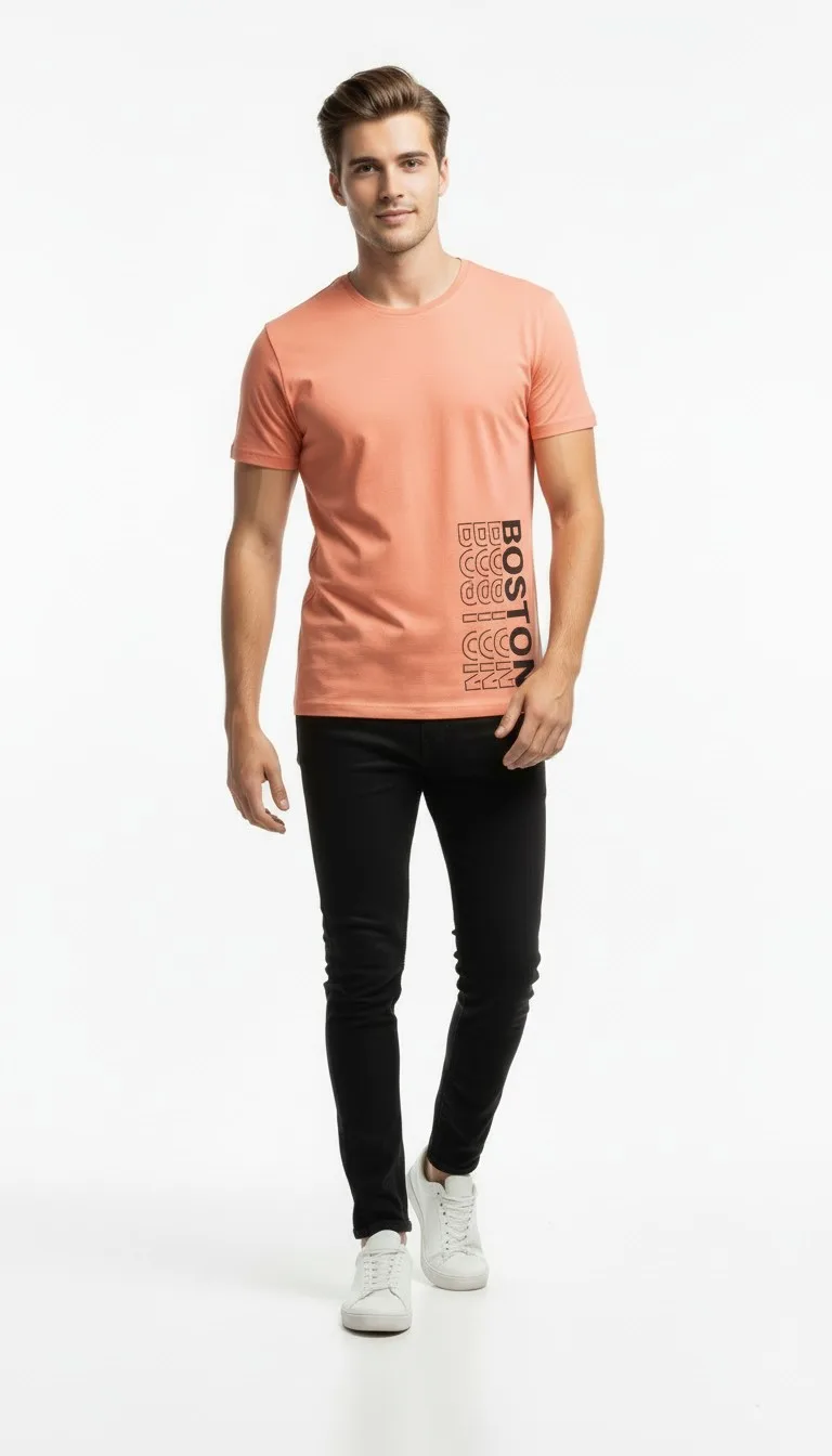 Urban Boston Dikey Baskı Erkek Tişört – Slim Fit, Sokak Stili Günlük T-Shirt