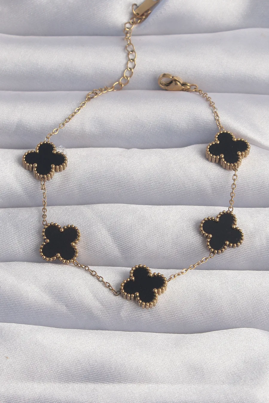 316L Steel Gold Tone Black Enamel Clover Bracelet