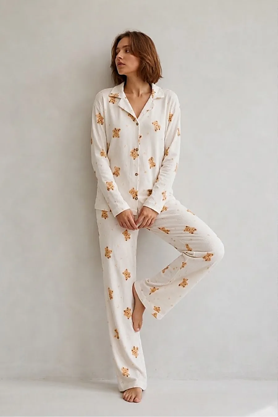 Kadın Gömlek Yaka Düğmeli Gece Giyimi Beyaz Pijama Takımı