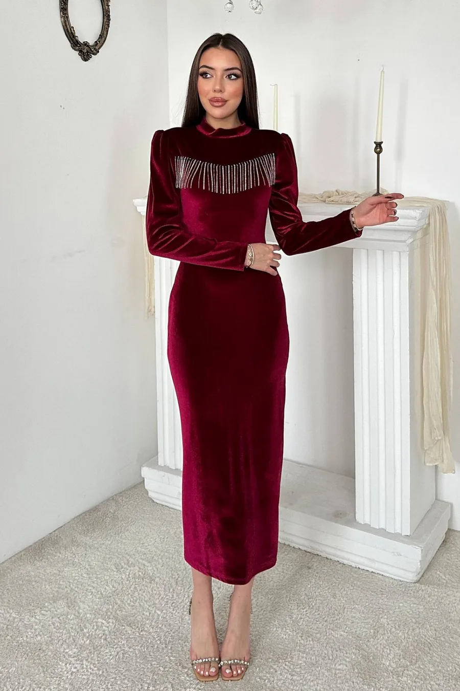Bordo Kadife Işıltılı Elbise