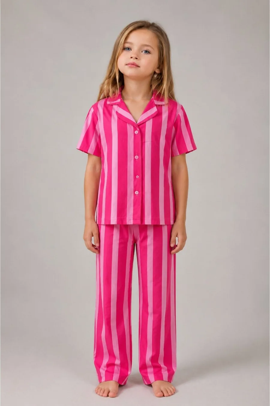 Kız Çocuk Çizgili Gecelik Pembe Pijama Takımı