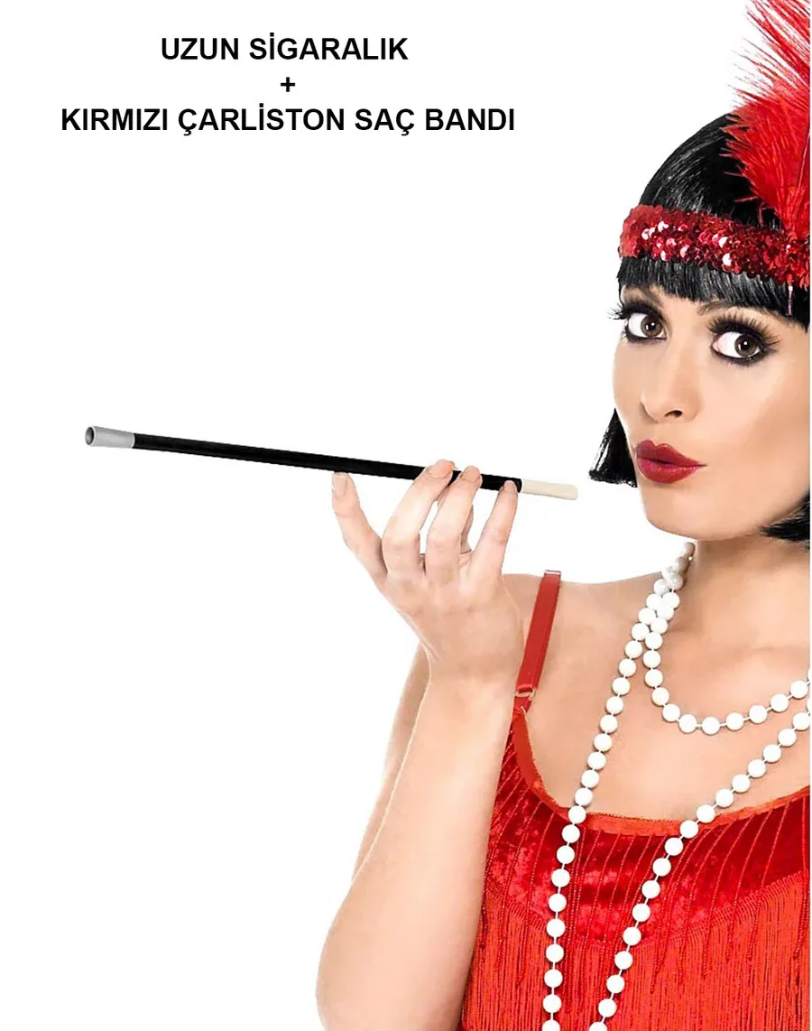 1920'ler 1990'lar Gatsby Kadın Aksesuar Seti – Kırmızı Charleston  Bandı ve Sigaralık